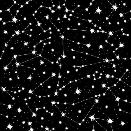 Zodiac constellation seamless pattern. White constellations and stars on a black background....