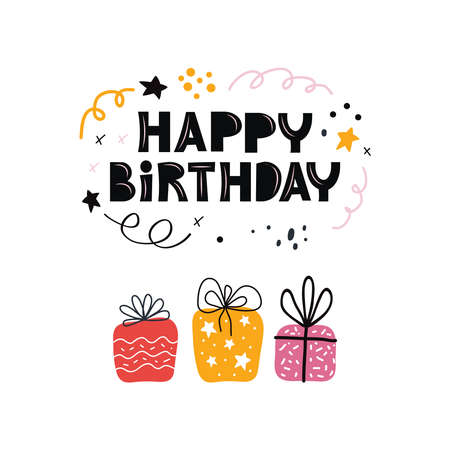 Birthday greeting cards design. Bday presents postcard or banner flat template with happy birthday typography. Pile of gifts and different graphic elements. Hand drawn Scandinavian styleのイラスト素材