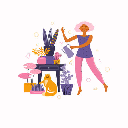 Young woman takes care of indoor plants. Cartoon person watering the flowers from a watering can. Funny cat. Spending time at home. Girl with a pet. Favorite activities at home. Flat illustration.のイラスト素材