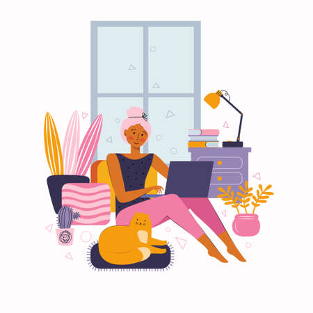 Young woman spend time at home on the Internet. Leisure time on the Internet. Various activities online, entertainment, training, watching movies, chatting, working online. Spending time at homeのイラスト素材