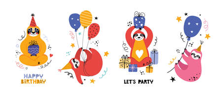 Cute kawaii sloth at a party. Cartoon bear with gifts and other holiday items. Holiday lettering. Greeting card or banner for a birthday Christmas or New year. Scandinavian flat vector illustrationのイラスト素材