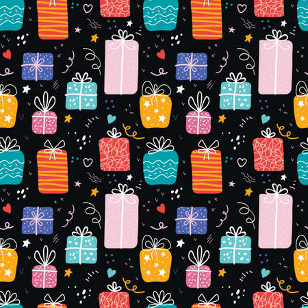 Birthday gift boxes flat vector seamless pattern in scandinavian style. Presents and gifts festive...