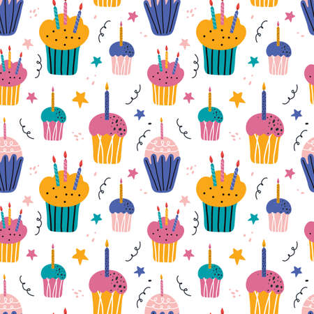 Happy holiday cream cake with candles flat vector seamless pattern. Sweet holiday pastries, muffin, cupcake with confetti. Hand drawn festive background in Scandinavian style. Anniversary desserts.のイラスト素材