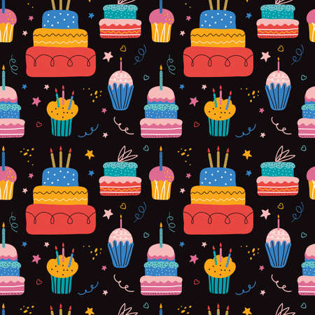 Happy holiday cream cake with candles flat vector seamless pattern. Sweet holiday pastries, muffin,...