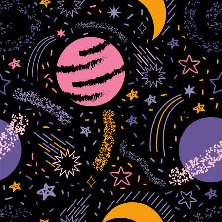 Cosmic Galaxy constellation seamless pattern. Cosmic abstract background of stars, comets, galaxies, constellations, meteorites, and planets. Starry sky. Print for textile, yoga mat, phone case.のイラスト素材