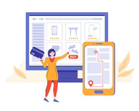 Online order in an online store and contactless delivery. Girl makes purchases on the site and pays with a credit card. Contactless, cashless payment option. E payment, e commerce conceptのイラスト素材
