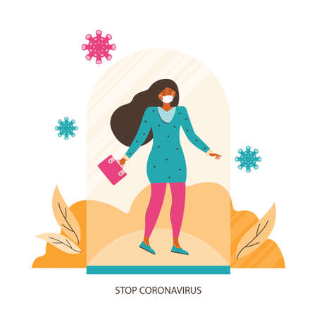Protection from coronavirus. Woman in a medical mask stands under a glass cap. Social safe distance and personal protection against viruses during a pandemic. Stop coronavirus. Concept Illustrationのイラスト素材