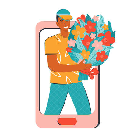 Flower delivery service. Male courier delivers a bouquet of flowers. Order via an online app or online store. Buy through the smartphone. Romantic surprise and gift. Vector flat illustrationのイラスト素材