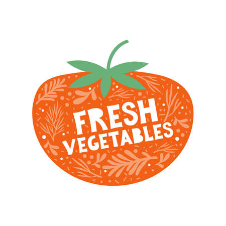 Handwritten quote fresh vegetables on a red tomato background. Concept of healthy food and diet. Scandinavian style. Hand drawn colorful doodle vegetables. Vector illustration. Icon,  symbolのイラスト素材