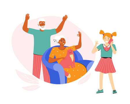 Teenage girl is talking on the phone with her grandparents. Old people communicate with their granddaughter. An elderly couple spend time at home. Telephone conversation. Social distance communicationのイラスト素材