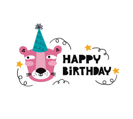 Hand drawn happy birthday illustration with typography. Face of a Panther in a festive hat. Cartoon wild animal character, Jaguar, leopard. Bday celebration event flat vector greeting card templateのイラスト素材