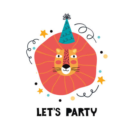 Hand drawn illustration with holiday lettering. Celebratory event, short phrase let's party. Face of a funny Lion in a festive hat. Kids poster with cute animal. Cartoon character of a wild catのイラスト素材
