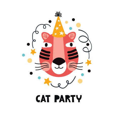 Kids poster with a funny tiger in a festive hat and handwritten lettering. Hand drawn muzzle cute wild cat character. Cartoon character of an exotic animal. Holiday short phrase cat party. Vector flatのイラスト素材