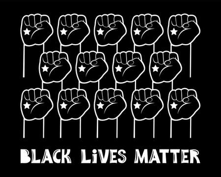 Stop racism. Black Lives Matter. Protest in the United States against discrimination against black people. Hands clenched into a fist against the black background. Strong Hand Symbol. I can't breatheのイラスト素材