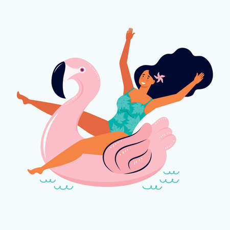 Sexy woman in a swimsuit floats on an inflatable pink Flamingo float in the sea. Hand drawn female character in summer pool or on beach party. Inflatable water toy in vector. Summertime. Body positive.のイラスト素材