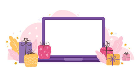 Laptop template with an empty screen on a holiday background. Blank device mock up with gifts, stars, and streamers. Vector flat illustration concepts for website and mobile website development.のイラスト素材