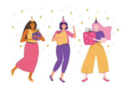 Female friendship. Girlfriends with gifts and holiday hats at a women's party. People on a celebration, birthday, new year, anniversary. Women of different nationalities. Vector flat illustrations.のイラスト素材