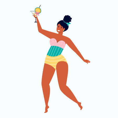 Happy woman in a swimsuit drinks a fruit cocktail. Summer pool party. Funny female character is relaxing by the sea. Pin up girl with an alcoholic drink. Hand drawn vector illustration. Summer holidayのイラスト素材