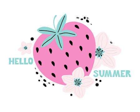 Hand drawn cartoon pink strawberry with lettering Hello summer. Summer fresh sweet berries and pink flowers. Vector illustration in Scandinavian style. Handwritten text. Modern poster, sticker, bannerのイラスト素材