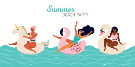 Happy women at a summer beach party. People swim in the pool or in the sea on the inflatable floats, flamingos, Swan, unicorn. Pool Party summer horizontal banner. Hand drawn flat vector illustrationのイラスト素材