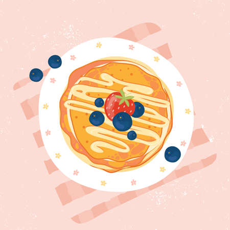 Sweet pancakes with cream, strawberries and blueberries, top view. Pancakes with berries on white plate. Baking with syrup or honey. Summer Breakfast or brunch. Hand-drawn vector illustration.のイラスト素材