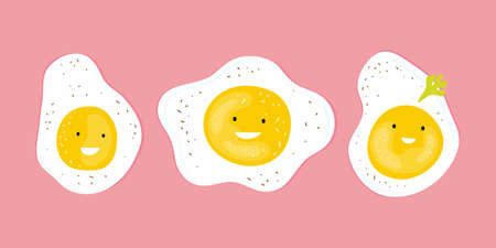 Happy scrambled eggs. Funny cartoon characters fried eggs. Hand drawn traditional healthy Breakfast...
