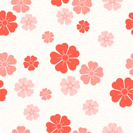 Seamless pattern of pink Sakura flowers on the background of Asian ornaments. Abstract Chinese background. Traditional Asian print. Elegant naive spring floral design elements. Blossom cherry.のイラスト素材