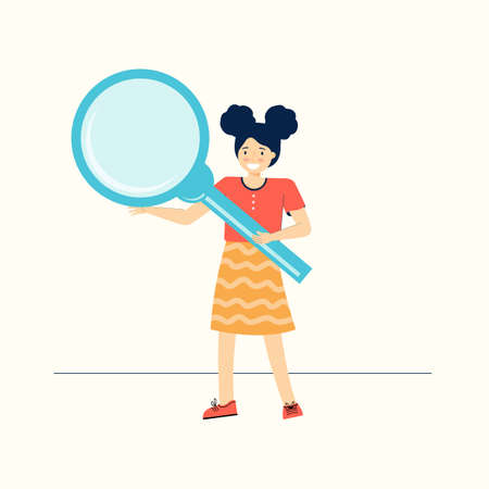 Smart schoolgirl holds a large magnifying glass. Inquisitive teenage girl explores and studies the world around her. Funny children cartoon character. Back to school. Modern flat vector illustration.のイラスト素材