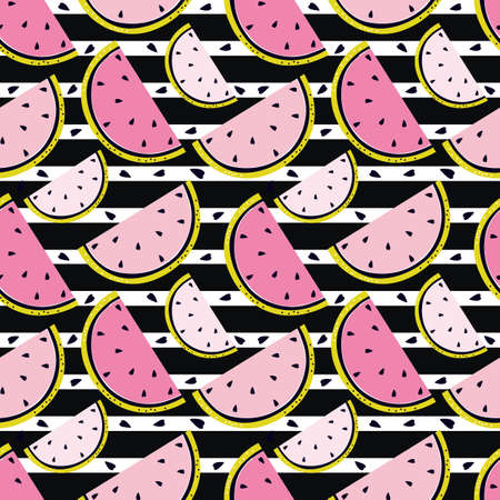 Juicy ripe watermelon seamless pattern. Summer fresh fruit on a background black stripes. Hand drawn red and pink watermelon slices. Colorful vector flat illustration. Modern style.のイラスト素材