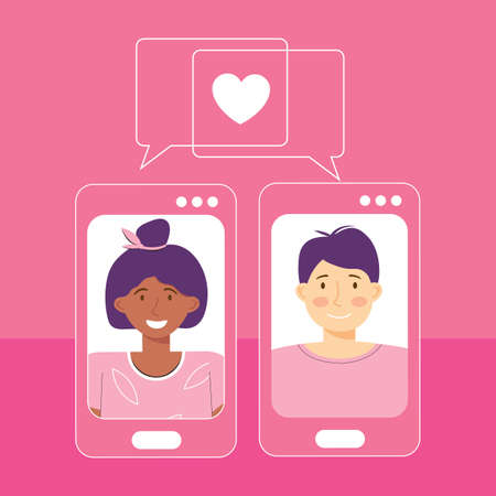 Online dating platform service application. Modern young people looking for a couple. Video chat via smartphone app. Social media, virtual relationship communication. International couple in love.のイラスト素材