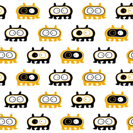 Seamless pattern of funny monsters and aliens. Background with terrible characters happy Halloween. Hand drawn vector illustration in orange and black. Creative design for packaging, fabric, textiler.のイラスト素材