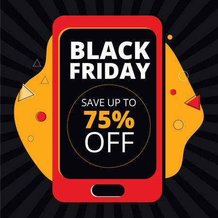 Black Friday Super Sale with discount for social media. Square banner template for Digital Marketing, mobile apps and digital. Smartphone with a black screen and advertising text about an online sale.のイラスト素材