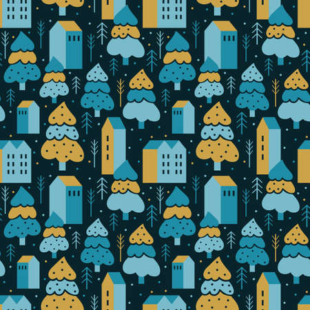 Abstract geometric seamless pattern cozy village among winter forest. New year and Christmas background with stylized trees and houses in the Scandinavian huge style. Night little town in the woodsのイラスト素材
