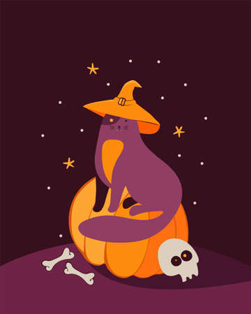 Happy Halloween party greeting card or banner. Funny black cat in a witch hat sitting on an orange pumpkin. Flat colorful vector illustration with cartoon character in halloween costume, skull, bones.のイラスト素材