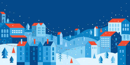 Urban landscape in a geometric minimal flat style. New year and Christmas winter city among...