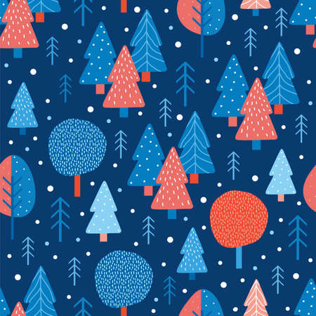 Merry Christmas and Happy New Year seamless pattern in Scandinavian style. Vector trendy abstract background of holiday with winter coniferous forest, fir trees and pines in snow. Vector illustrationのイラスト素材