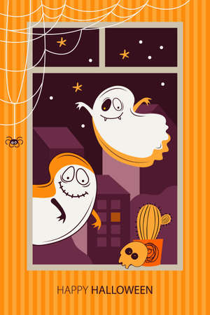 Holiday Happy Halloween banner, poster, card. Scary ghosts fly outside the window against the background of the night city. Room decorations skull, spider, web, funny monster. Flat vector illustrationのイラスト素材