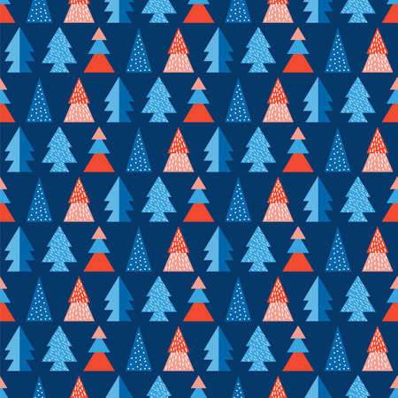 Abstract seamless pattern geometric winter coniferous forest in Scandinavian style. Merry Christmas and Happy New Year. Flat vector trendy background of holiday with fir trees and pines in snow.のイラスト素材