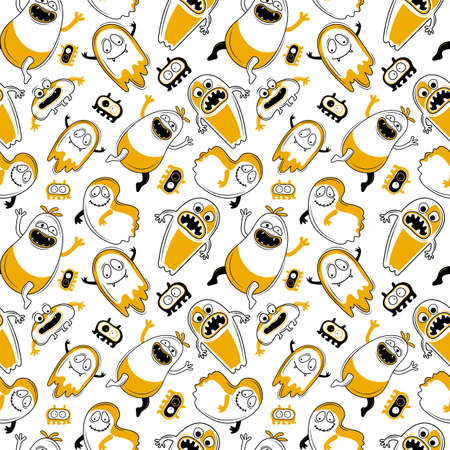 Seamless happy Halloween pattern. Funny cartoon monsters, ghosts, aliens. Scary halloween character design. Terrible monsters mouths set, horrible jaws, smiling face. Hand drawn vector background.のイラスト素材