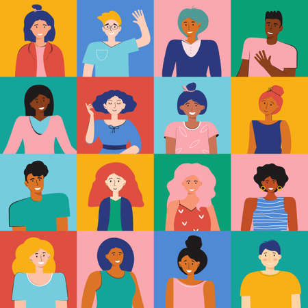 Set different person portrait of big diverse business team. Nationalities characters people. Smiling colleagues. Multicultural characters men and woman faces at square frame. Vector flat illustration.のイラスト素材