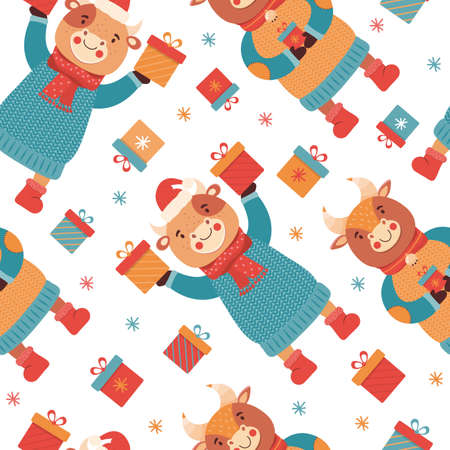Seamless pattern cartoon funny baby bulls with gifts. Mascot new year 2021. Background animal character in winter clothes. Cow, Buffalo, calf, ox. Merry Christmas and Happy New year flat illustrationのイラスト素材
