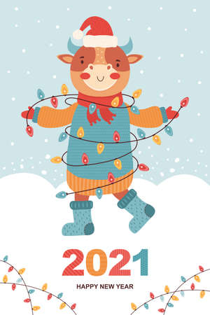 Set of Christmas and Happy New Year card.Funny bull in winter clothes, Santa hat with shining colored garland. Symbol 2021 year ox. Cartoon animal character. Winter landscape. Festive illustrationのイラスト素材