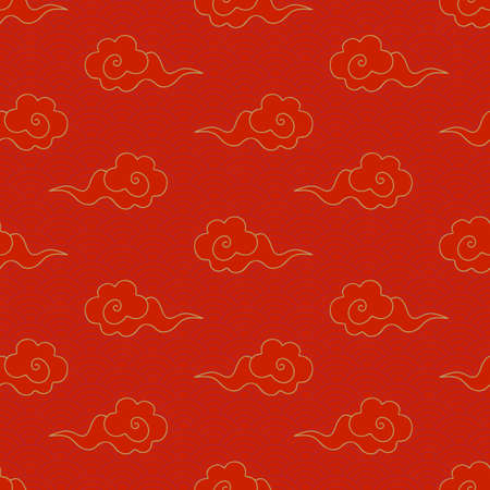 Abstract seamless pattern of Golden clouds on a red background. Chinese traditional ornament. Vintage background in Oriental style. Gold line. Hand drawn vector illustration.のイラスト素材