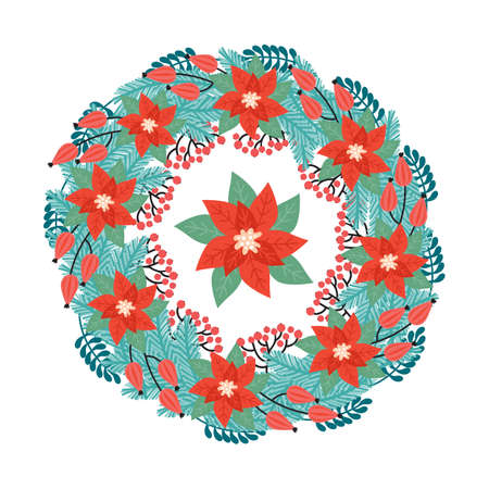 Christmas wreath made of plant decorative elements. Merry Christmas and happy new year. Traditional winter garland with red holly, Poinsettia, Needles, flowers, leaves, spruce branch in retro styleのイラスト素材