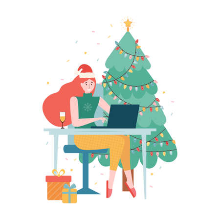 Christmas Online internet party. New year celebration in quarantine mode. Girl in a Santa hat and a glass of champagne is sitting with a laptop near the Christmas tree. Holiday event remotely at homeのイラスト素材
