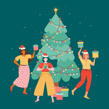 Happy female friends to celebrate the new year or Christmas. Positive women in Santa hats hold a pile of gift boxes against the background of a Christmas tree. New year party. Vector flat illustrationのイラスト素材