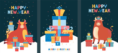 Merry Christmas and Happy New Year. Set vector illustrations for of winter holidays, poster, background, card. Chinese new year symbol 2021 funny bull. Cute ox among a pile of colorful gift boxesのイラスト素材