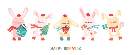 New year banner with a group happy baby rabbits in Santa hat with a Christmas tree, gifts, and candy cane. Christmas funny cartoon animals. Bunnies having fun on winter holiday. Vector illustration.のイラスト素材