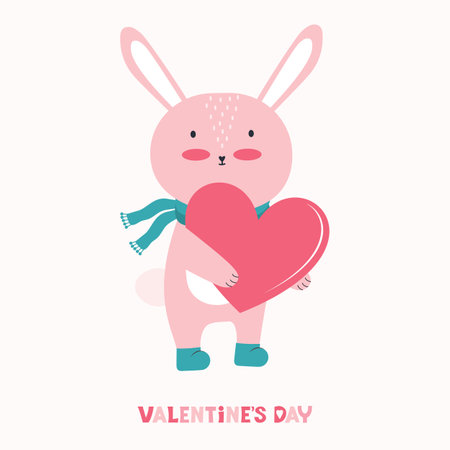 Happy Valentines day greeting card or banner. Cute pink rabbit with big red heart. Cartoon character animal in love. Happy romantic bunny with valentine card. Declaration of love. Vector illustration.のイラスト素材