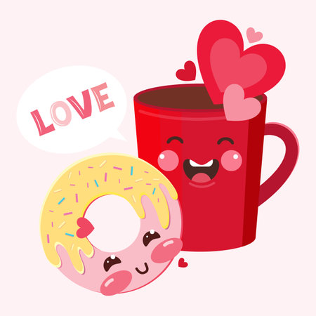 Funny love characters red coffee mug and donut. Sweet romantic couple feel happy and joyful. Hearts characters as symbols and concept love. Banner or card for valentine's day. Vector flat illustrationのイラスト素材